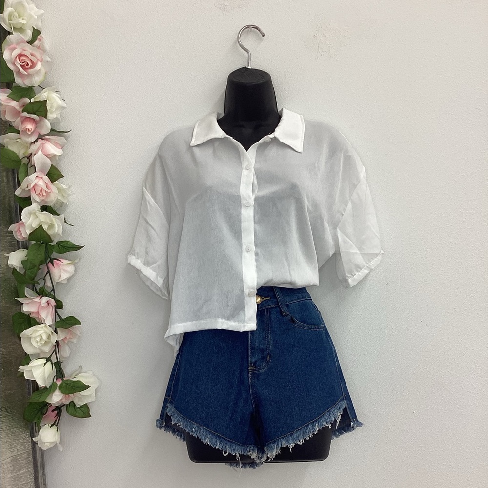 Barbie woven satin short sleeve button up shirt white